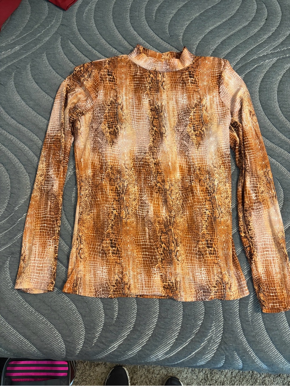 Mock Neck Long Sleeve Snake-Print Top in Brown